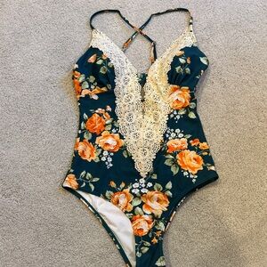 Cupshe Floral Lace One Piece Swimsuit - Green  and Orange Size- Medium